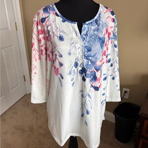 Floral Print Women's Top - White, Pink, Blue